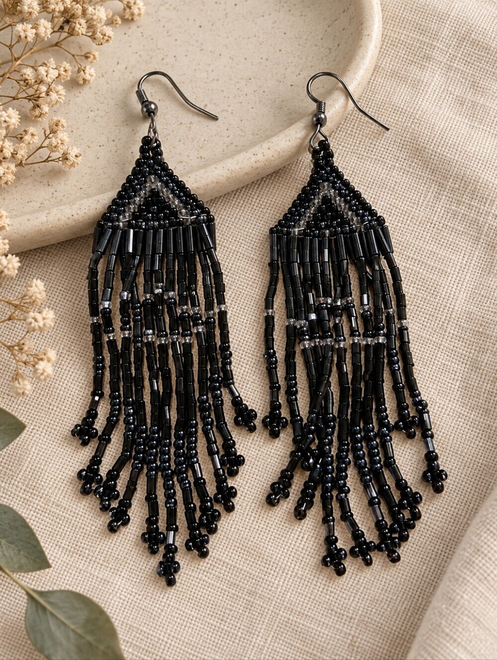 Source Unknown Black Beaded Fringe Drop Earrings